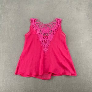 Catch My I Hot Pink Lace Mesh Back Sleeveless Top Y2K Crinkle Tank Medium